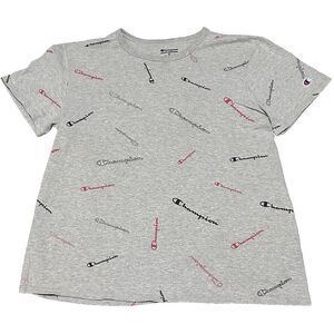 Champion Men's Athletic Wear All Over Logo Print Short Sleeve T-Shirt Gray (XL)